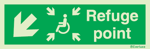 Emergency escape route sign, Escape route signs for people with reduced mobility, Refuge point down left