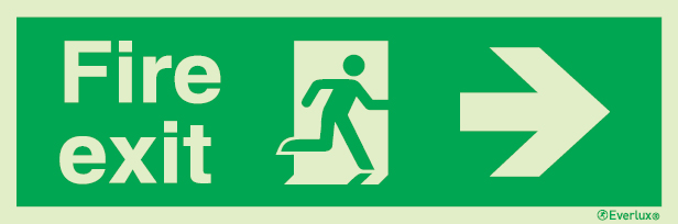 Emergency escape route sign, Large Directional signs British standard with text, Fire exit right