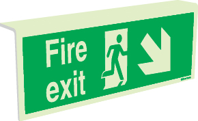 Emergency escape route sign, Type 2 "fold" signs Ceiling mounted, Fire exit down right