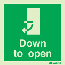 Emergency escape route sign, Door mechanism signs, Down to open left