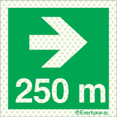 Reflecto-luminescent signs, Emergency escape route and safe condition signs, Directional arrow right 250m