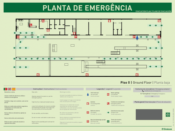 Escape Plans, Evacuation plans for hotels, schools, shopping centres and hospitals, UK/ES/FR horizontal text