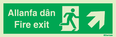 Evacuation sign, fire exit, up right welsh/english