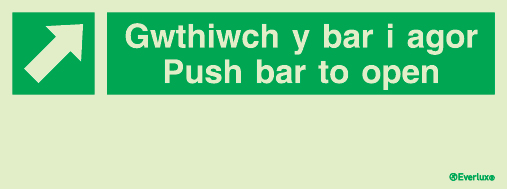 Evacuation sign, push bar to open welsh/english