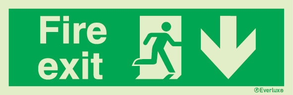 Emergency escape route sign, british standard escape route with text arrow down