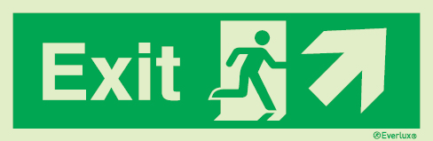 Emergency escape route sign, british standard escape route with text arrow up/right