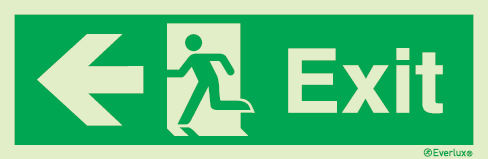 Emergency escape route sign, british standard escape route with text arrow left