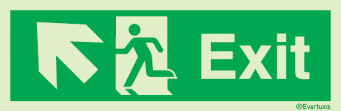 Emergency escape route sign, british standard escape route with text arrow up/left