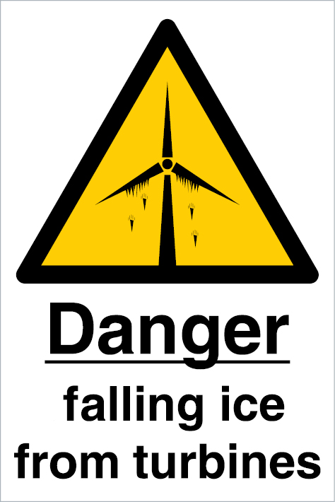 Signs for wind turbines, Warning signs, Danger falling ice from turbines