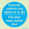 Information sign, fire door keep locked shut welsh/english