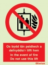 Fire-fighting equipment sign, in the event of fire do not use this lift welsh/english