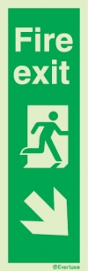 Emergency escape route sign, Vertical profile signs British standard with text, Fire exit down right