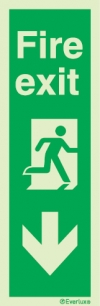 Emergency escape route sign, Vertical profile signs British standard with text, Fire exit down