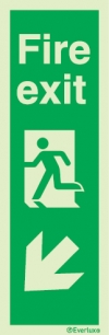Emergency escape route sign, Vertical profile signs British standard with text, Fire exit down left
